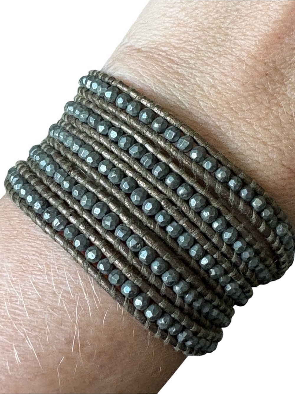Chan Luu Gunmetal Bead Nugget Multi Strand 925 Leather Wrap Bracelet *Read